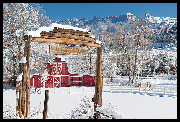 Chimney Peak and Courthouse Mountain with red barn 1