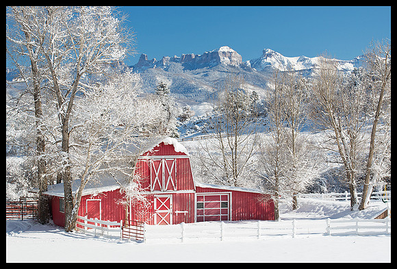 Chimney Peak and Courthouse Mountain with red barn 2